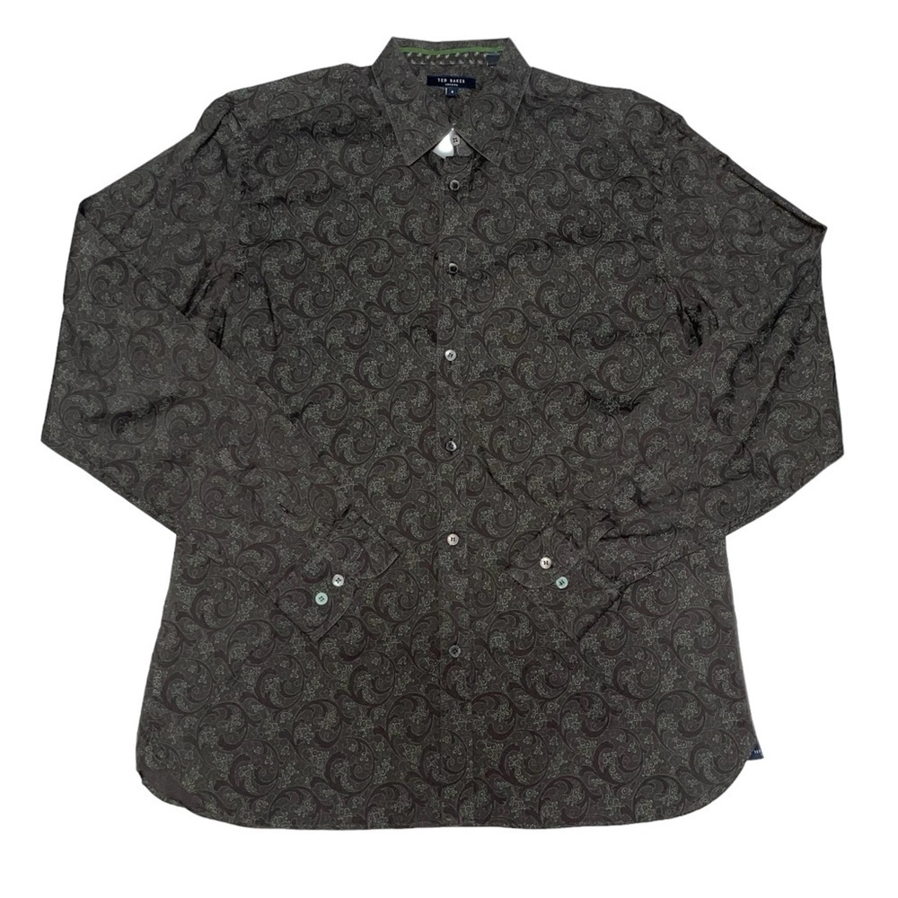 Ted Baker Dark Brown Paisley Floral Button Up Long Sleeves Shirt TED 4/ US L